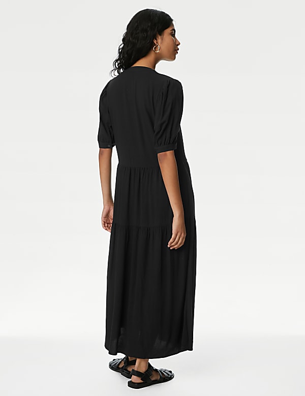 Round Neck Button Front Midi Tiered Dress
