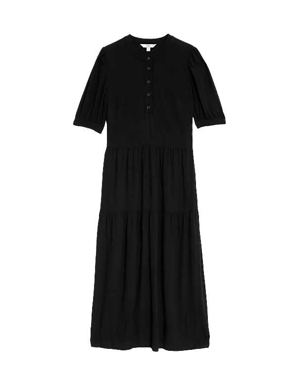 Round Neck Button Front Midi Tiered Dress