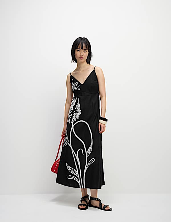 Linen Blend Embroidered V-Neck Slip Dress - JE