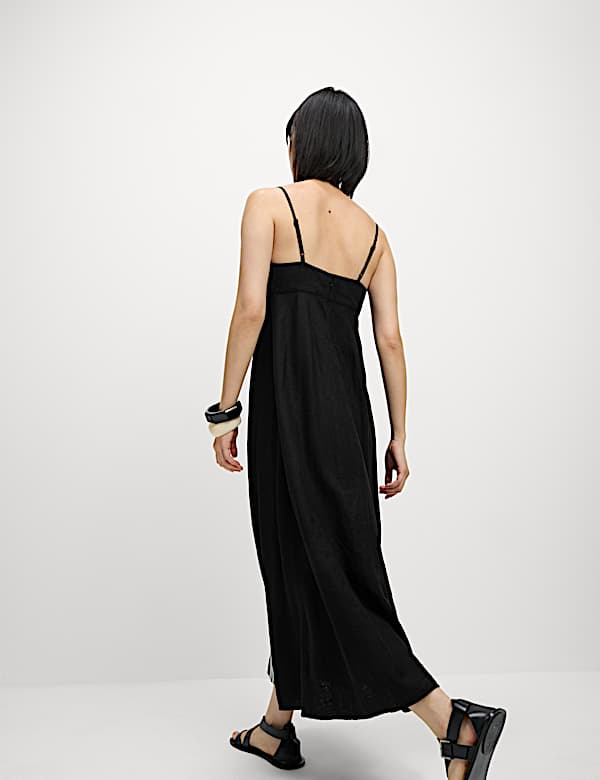 Linen Blend Embroidered V-Neck Slip Dress - JE