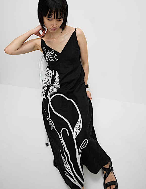 Linen Blend Embroidered V-Neck Slip Dress - JE