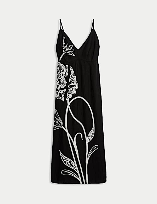 Linen Blend Embroidered V-Neck Slip Dress - JE