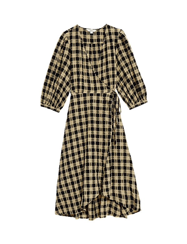 Pure Cotton Checked V-Neck Midi Wrap Dress