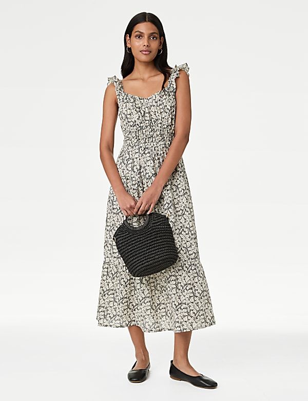 Pure Cotton Printed Midi Tiered Dress