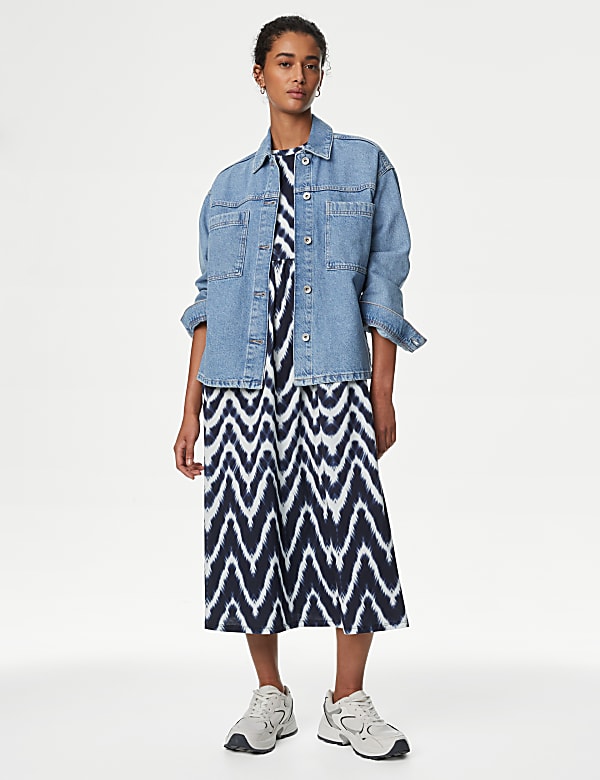 Pure Cotton Geometric Midi Waisted Dress - VN