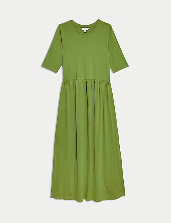 שמלת מידי אסופה במותניים מבד ג'רסי עם צווארון עגול - IL