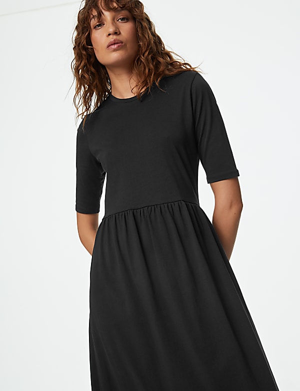 Jersey Round Neck Midi Waisted Dress