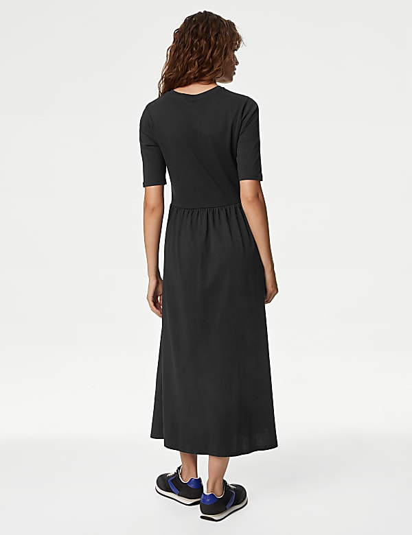Jersey Round Neck Midi Waisted Dress