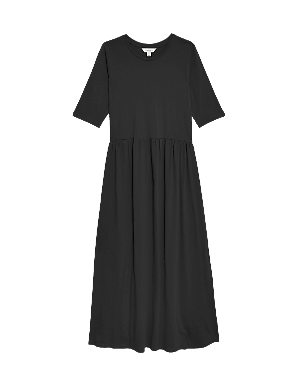 Jersey Round Neck Midi Waisted Dress