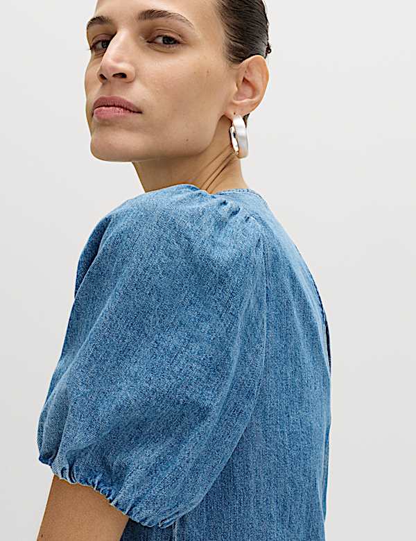 Denim Puff Sleeve Midi Drop Waist Dress