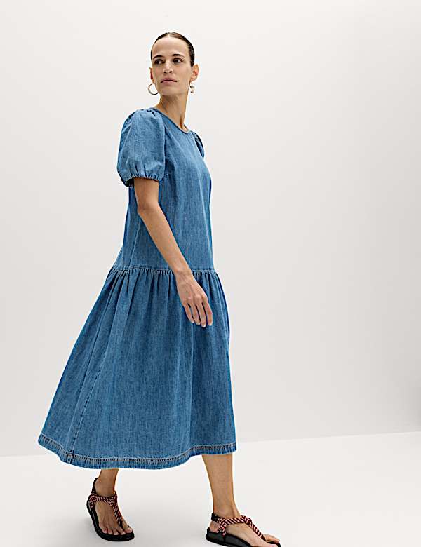 Denim Puff Sleeve Midi Drop Waist Dress