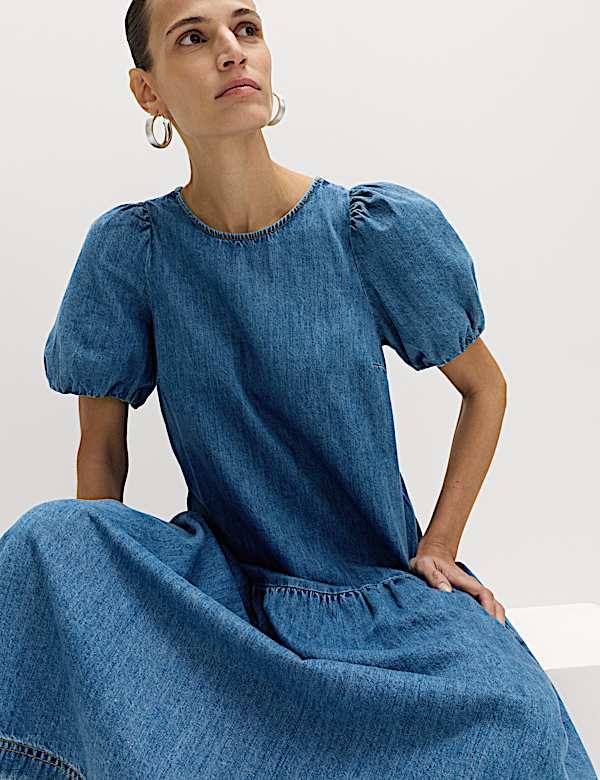 Denim Puff Sleeve Midi Drop Waist Dress