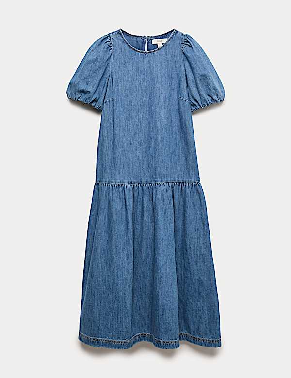 Denim Puff Sleeve Midi Drop Waist Dress - VN