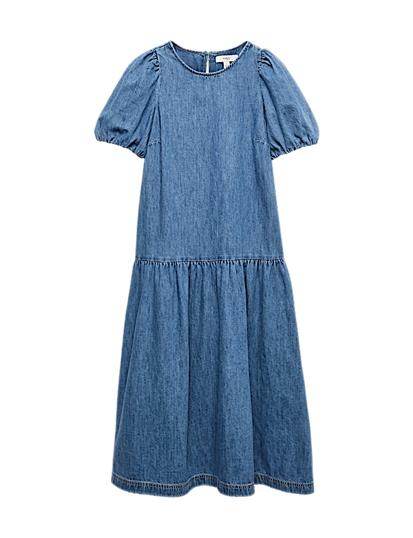 Denim Puff Sleeve Midi Drop Waist Dress