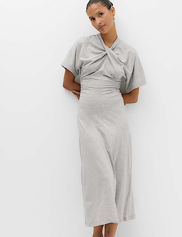 marks and spencer jersey dresses & Cotton Blend Twist Detail Midi Column Dress - Grey Marl Accessories/ALL ACCESSORIES