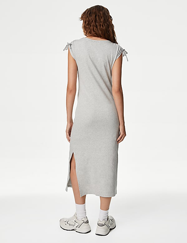 Cotton Rich Round Neck Ruched Midi Column Dress