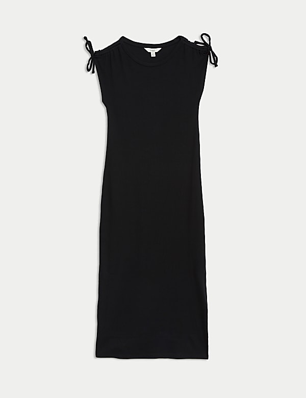 Cotton Rich Round Neck Ruched Midi Column Dress - US