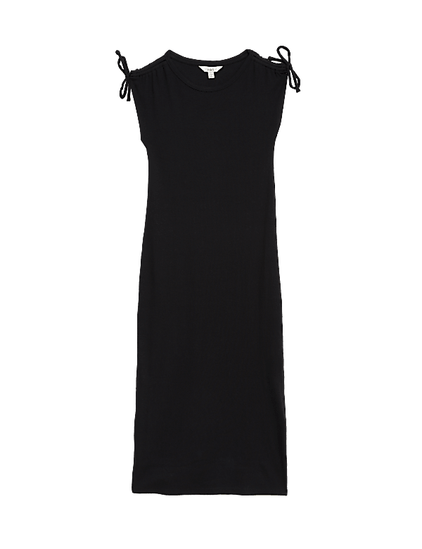Cotton Rich Round Neck Ruched Midi Column Dress