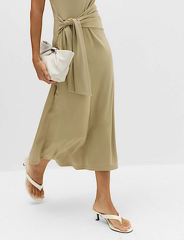 Jersey Tie Waist Midi Waisted Dress - LU