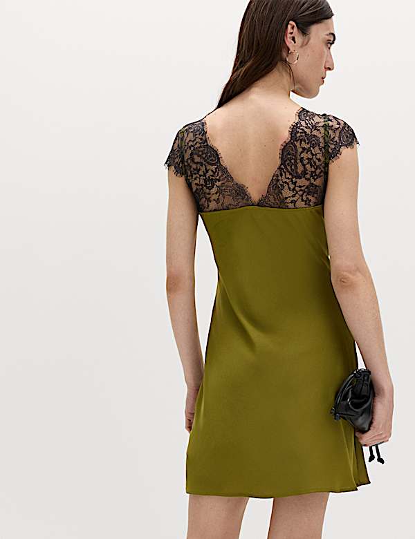 Satin Lace Mini Slip Dress - CH