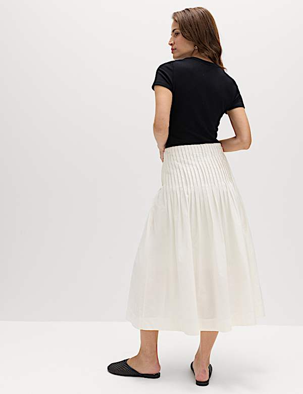 Pure Cotton Pleated Midi A-Line Skirt
