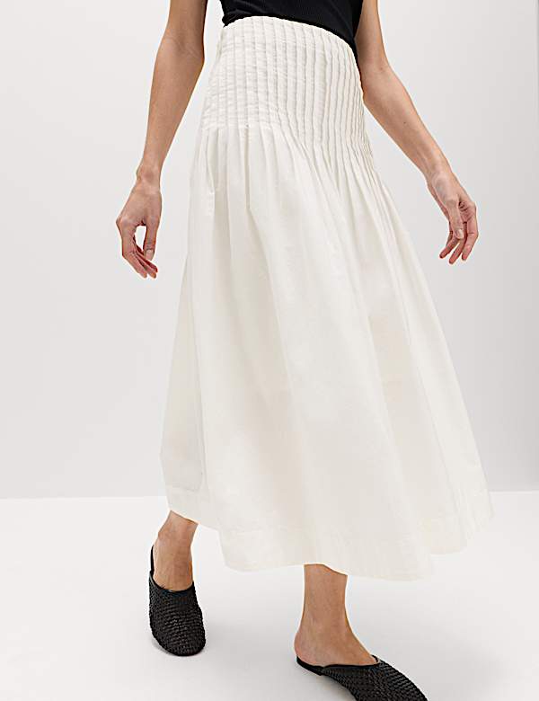 Pure Cotton Pleated Midi A-Line Skirt