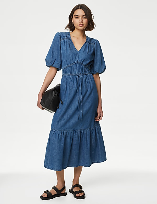 Denim V-Neck Tie Detail Midi Tiered Dress
