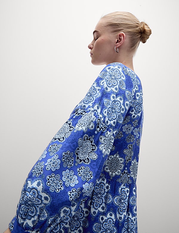 Cotton Rich Print Midi Waisted Dress