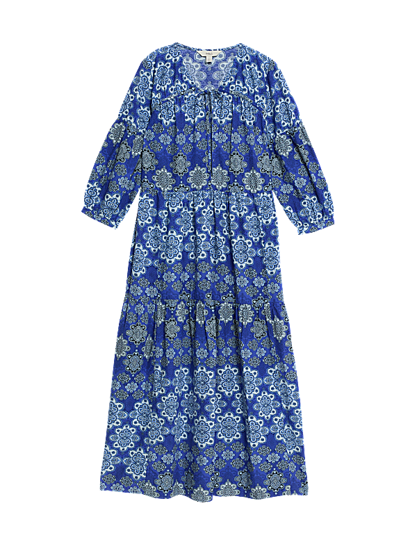 Cotton Rich Print Midi Waisted Dress