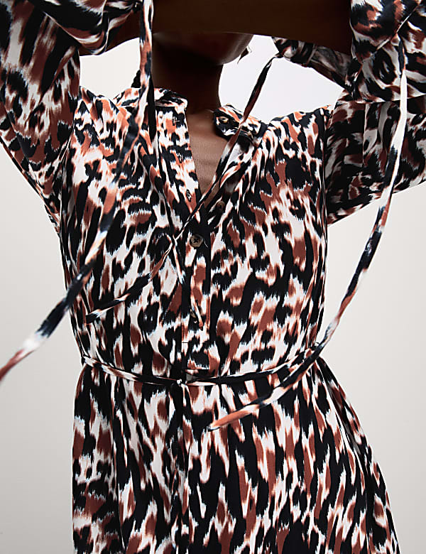 Printed Tie Waist Midi Shirt Dress
