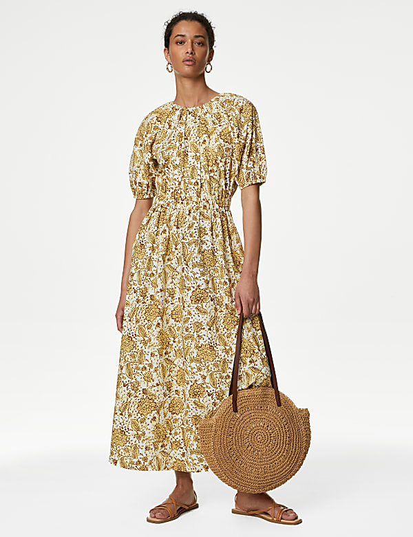 Pure Cotton Floral Midi Waisted Dress