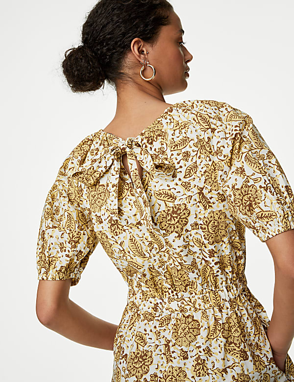 Pure Cotton Floral Midi Waisted Dress