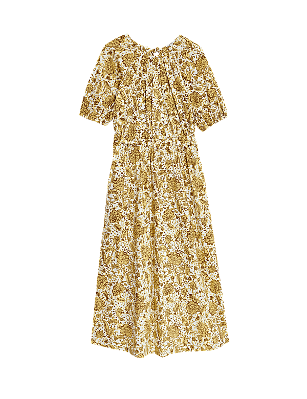 Pure Cotton Floral Midi Waisted Dress