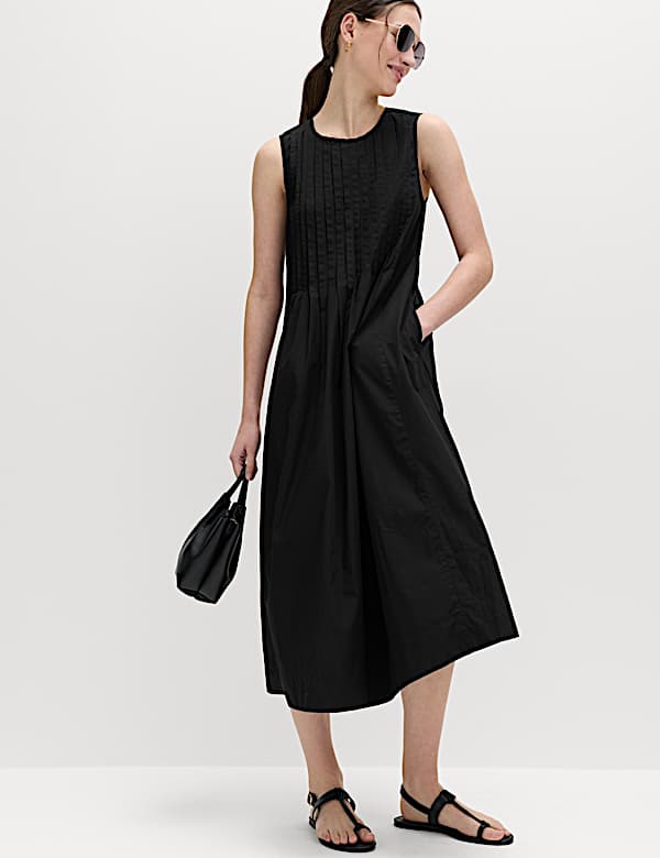Pure Cotton Pintuck Midi Relaxed Dress
