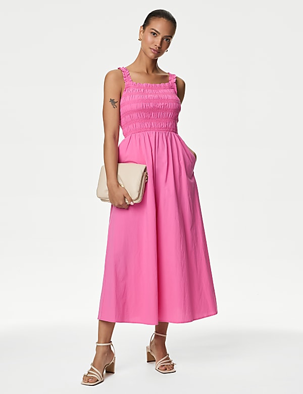 Pure Cotton Square Neck Midi Shirred Dress - US