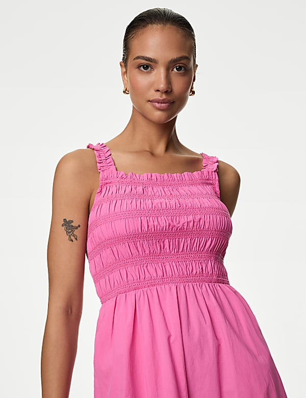 Pure Cotton Square Neck Midi Shirred Dress - US