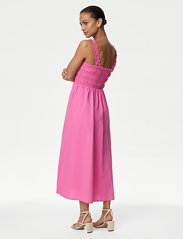 Pure Cotton Square Neck Midi Shirred Dress - US