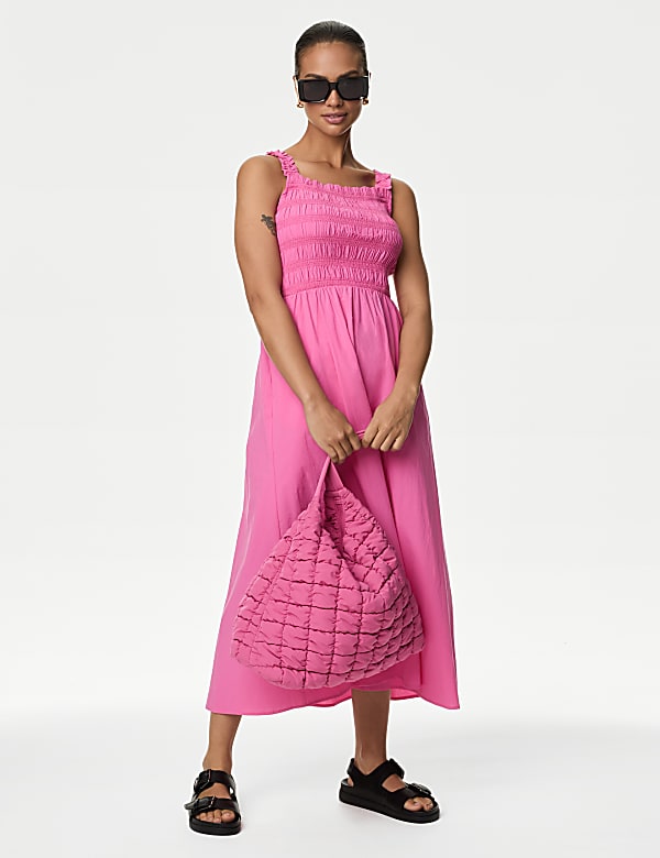 Pure Cotton Square Neck Midi Shirred Dress - US