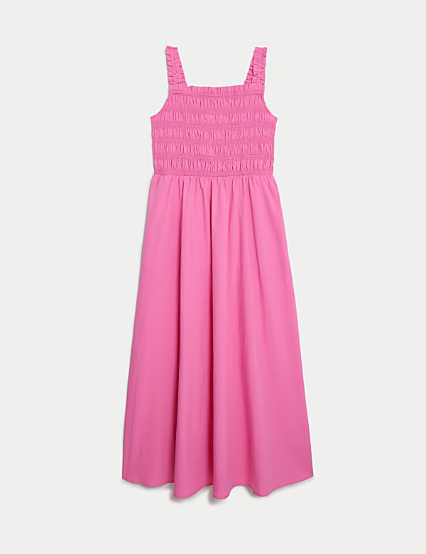 Pure Cotton Square Neck Midi Shirred Dress - US