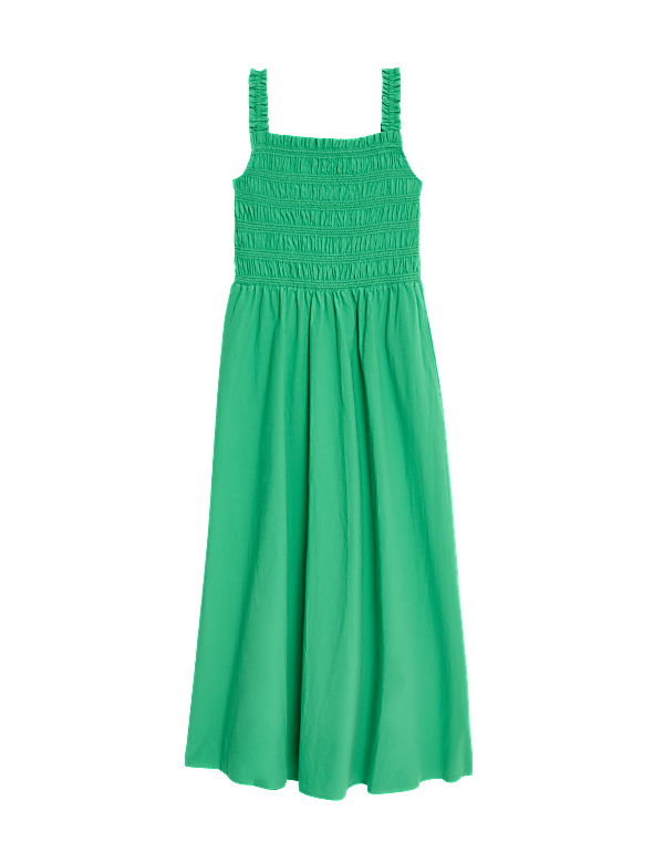 Pure Cotton Square Neck Midi Shirred Dress