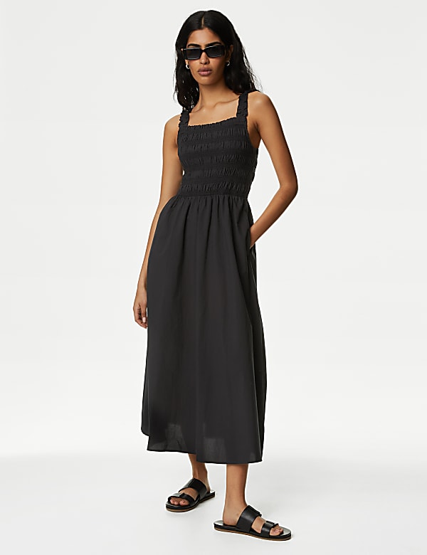 Pure Cotton Square Neck Midi Shirred Dress - GR