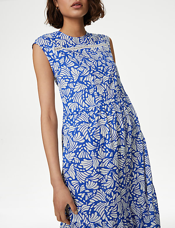 Pure Cotton Printed Pintuck Midi Tiered Dress