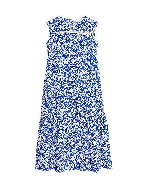 Pure Cotton Printed Pintuck Midi Tiered Dress