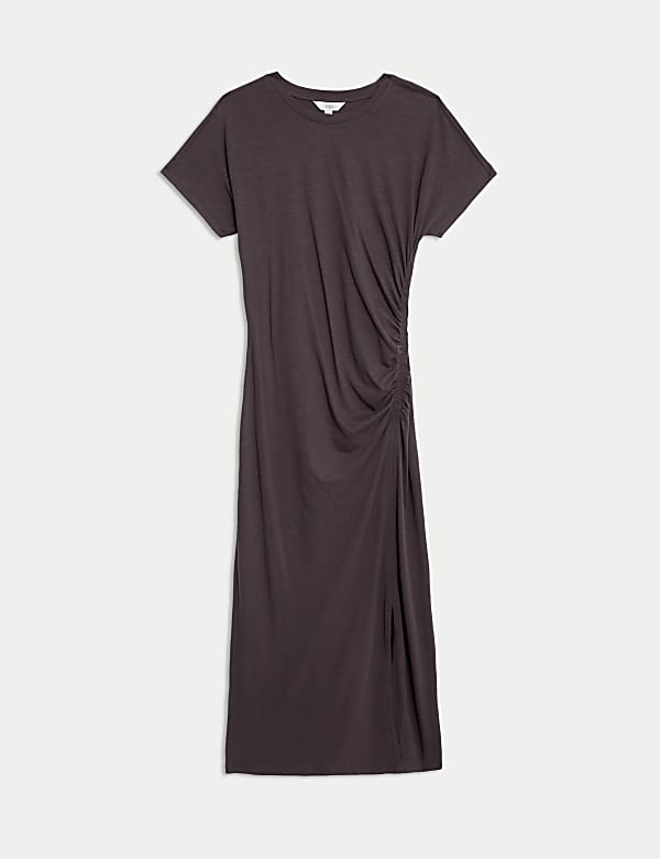 Robe midi coupe droite en jersey &agrave; motif ruch&eacute; - CA