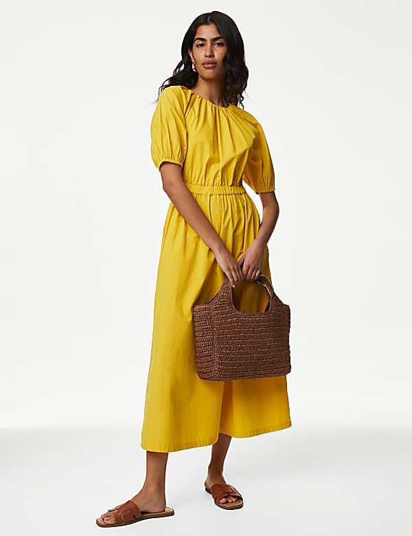 Pure Cotton Round Neck Midi Waisted Dress - JO