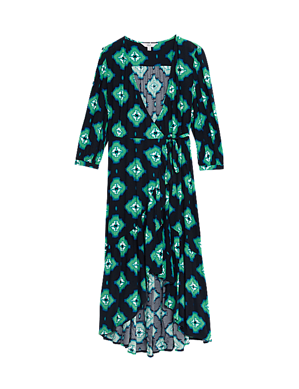 Printed V-Neck Midi Wrap Dress