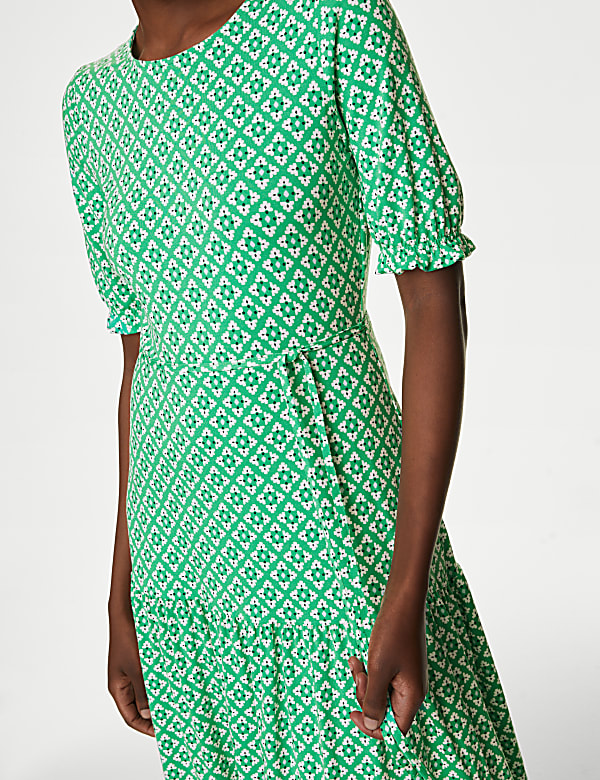 Jersey Printed Tie Detail Midi Tea Dress