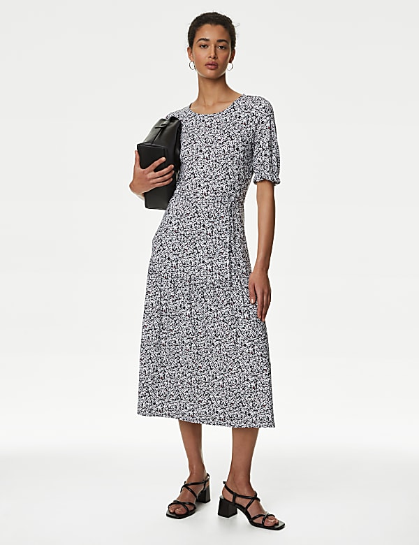 Jersey Printed Tie Detail Midi Tea Dress