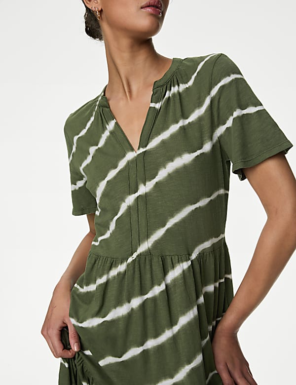 Pure Cotton Printed V-Neck Midi Tiered Dress