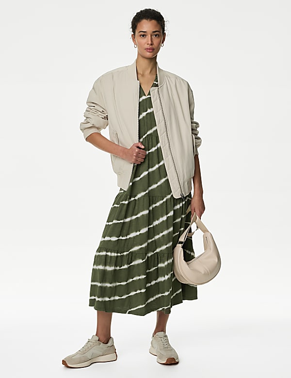 Pure Cotton Printed V-Neck Midi Tiered Dress